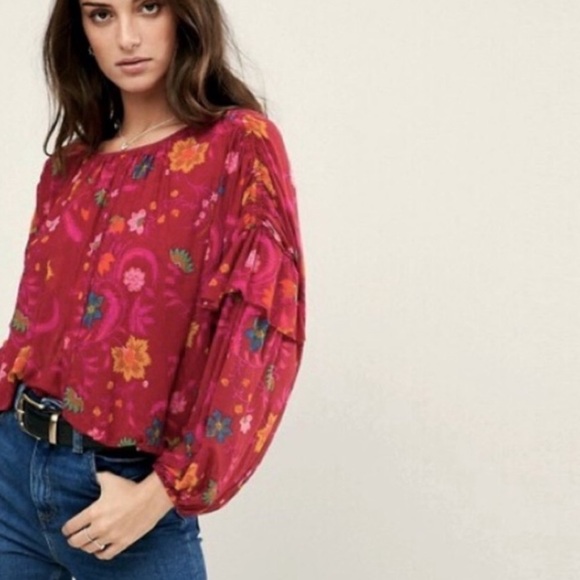 Free People Berry Wildflower Honey Boho Blouse Puffy Sleeves Girly Romantic Top - Picture 1 of 11